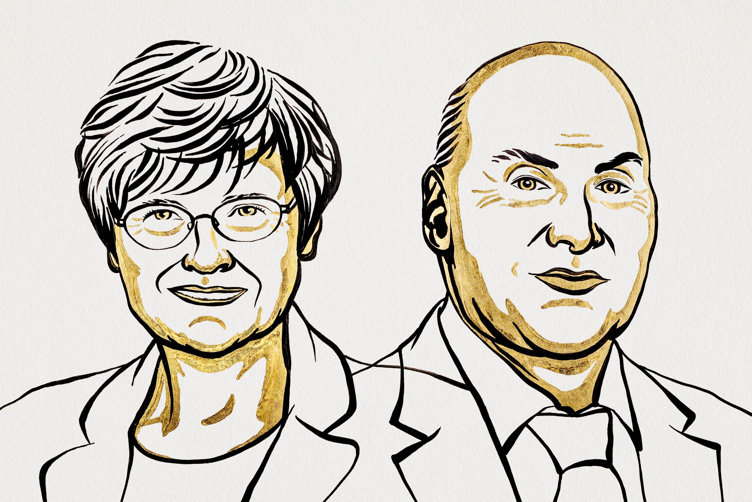Portraits dessinés des deux lauréats du prix Nobel de médecine 2023 : Katalin Karikó (àgauche) et Drew Weissman (à droite)