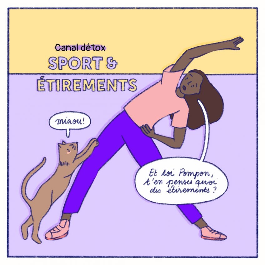 vignette BD Canal Détox étirements_femme avec chat s'étirant tous les 2